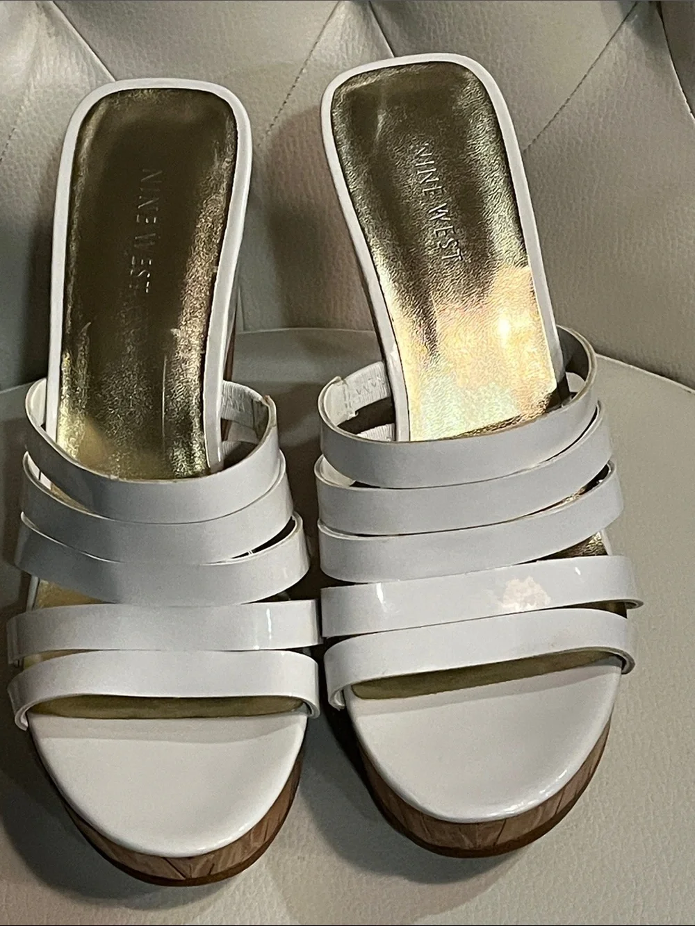 New Nine West White Multi-Strap Platform Wedge Slides